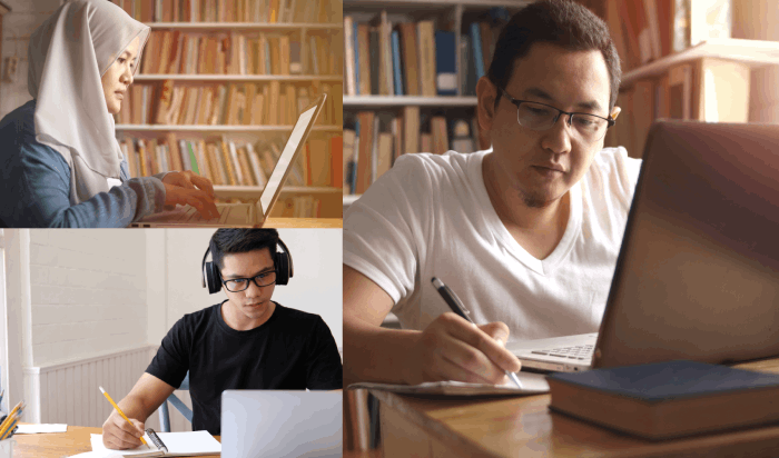 A collage with three images of people, one showing a woman and two depicting men, who are studying while using laptop computers.