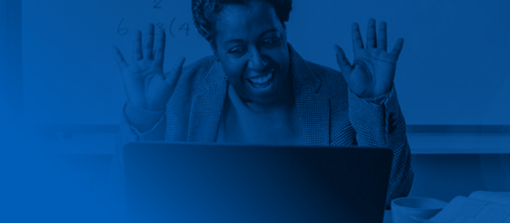 Happy teacher inspiring kids online